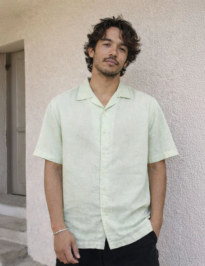 Simple | Cuban Linen Short Sleeve Shirt | Fog Green