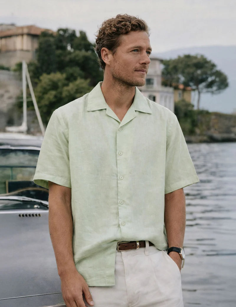 Simple | Cuban Linen Short Sleeve Shirt | Fog Green