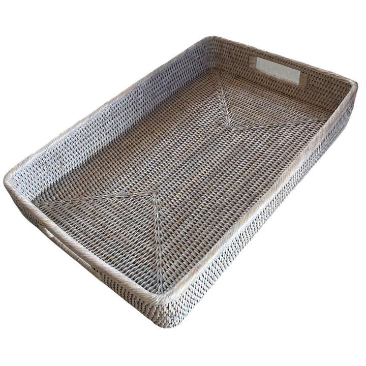 Rectangular Rattan Tray with Inset Handles | White Wash