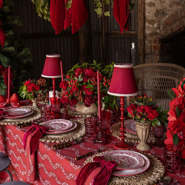 Rouge Braided Trim Lamp Shade on Rechargeable Red Enamel Base