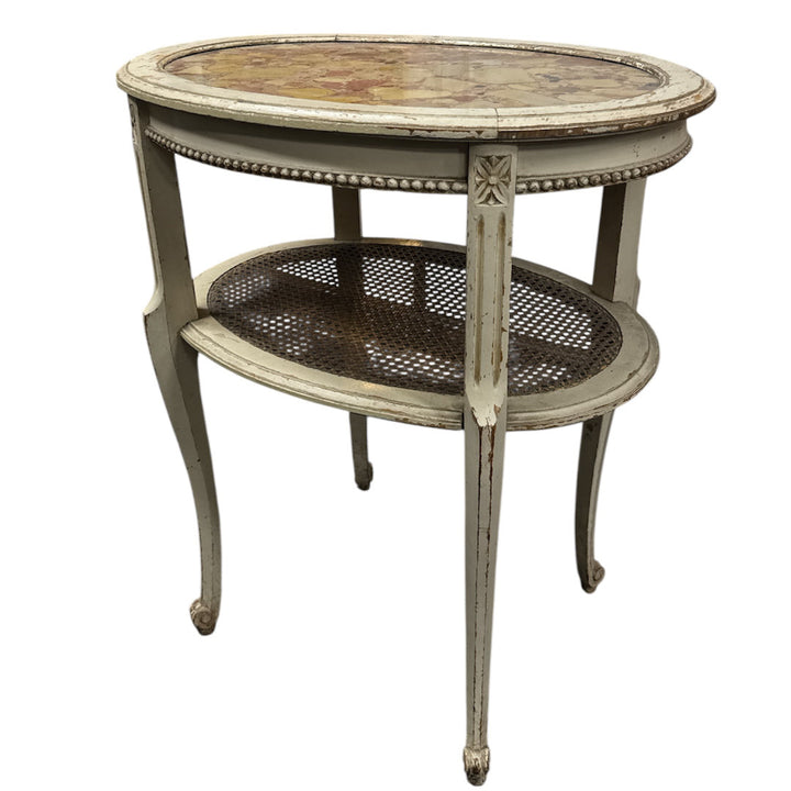 Antique French Louis XV Style Side Table | Rouge Marble Top & Rattan Shelf | Painted & Waxed