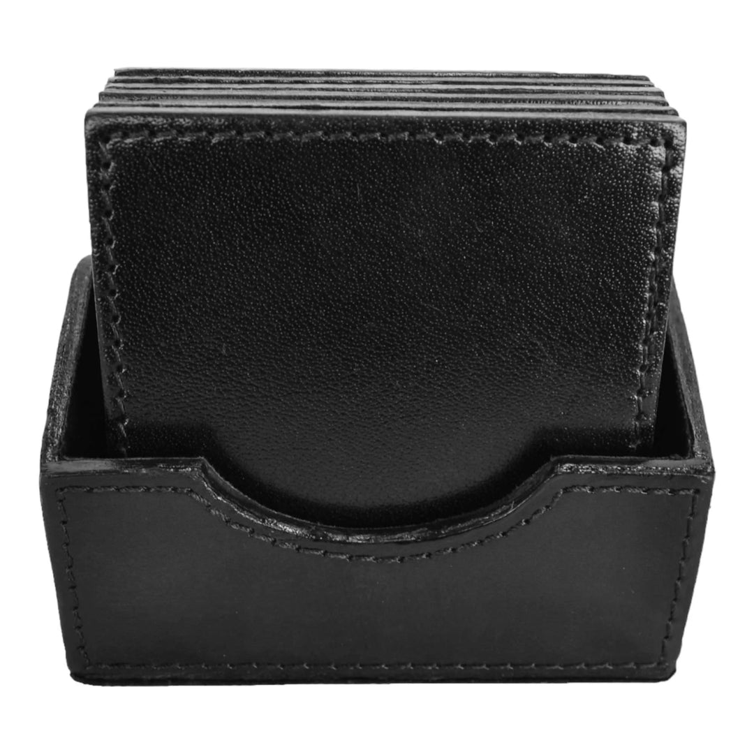 Leather 6 Piece Square Coaster Set with Holder | Black