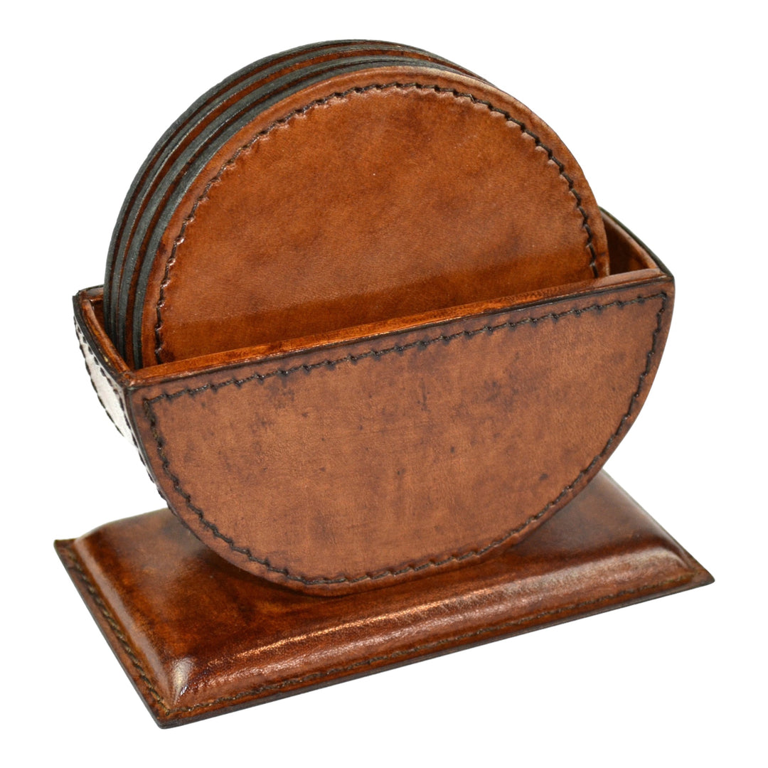 Leather Round Coaster Set | Tan | B