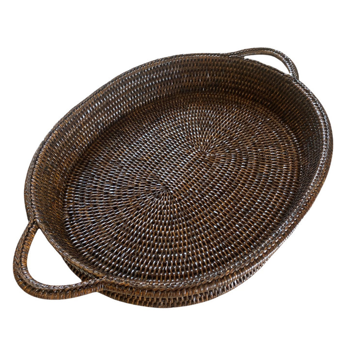 Oval Rattan Tray with Handles | Antique Brown
