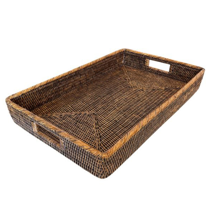 Rectangular Rattan Tray with Inset Handles | Antique Brown