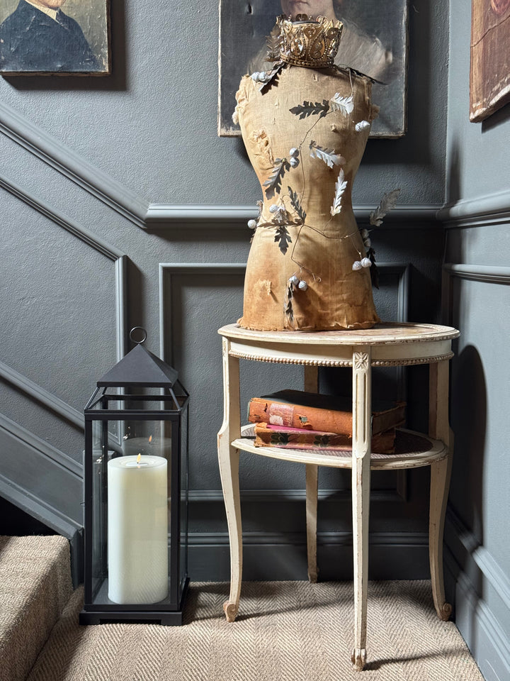 Antique French Louis XV Style Side Table | Rouge Marble Top & Rattan Shelf | Painted & Waxed