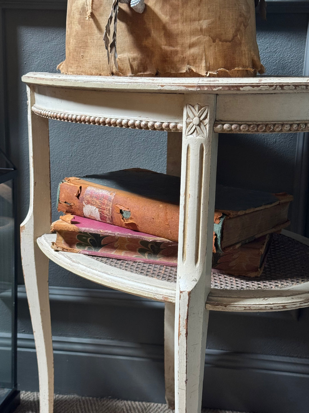 Antique French Louis XV Style Side Table | Rouge Marble Top & Rattan Shelf | Painted & Waxed