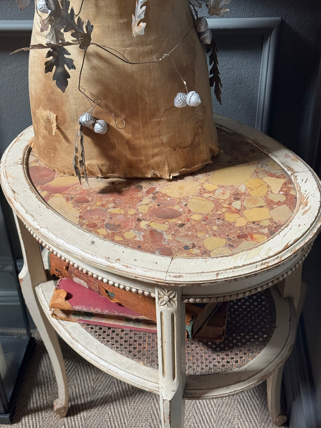 Antique French Louis XV Style Side Table | Rouge Marble Top & Rattan Shelf | Painted & Waxed
