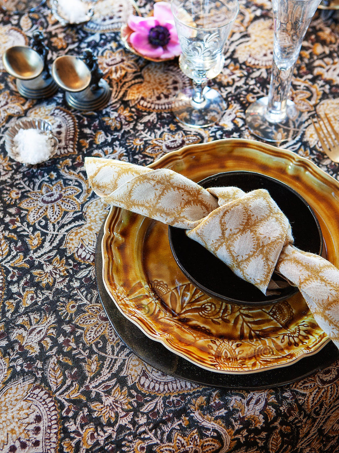 Oriental Black Linen Tablecloth