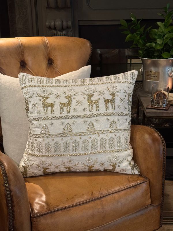 Ivory Velvet Cushion Cover with Gold Reindeer & Trees | 50x50cm