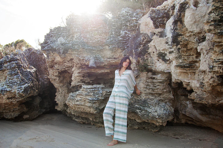 Scandi | Amalfi Linen Top | Sage Stripe