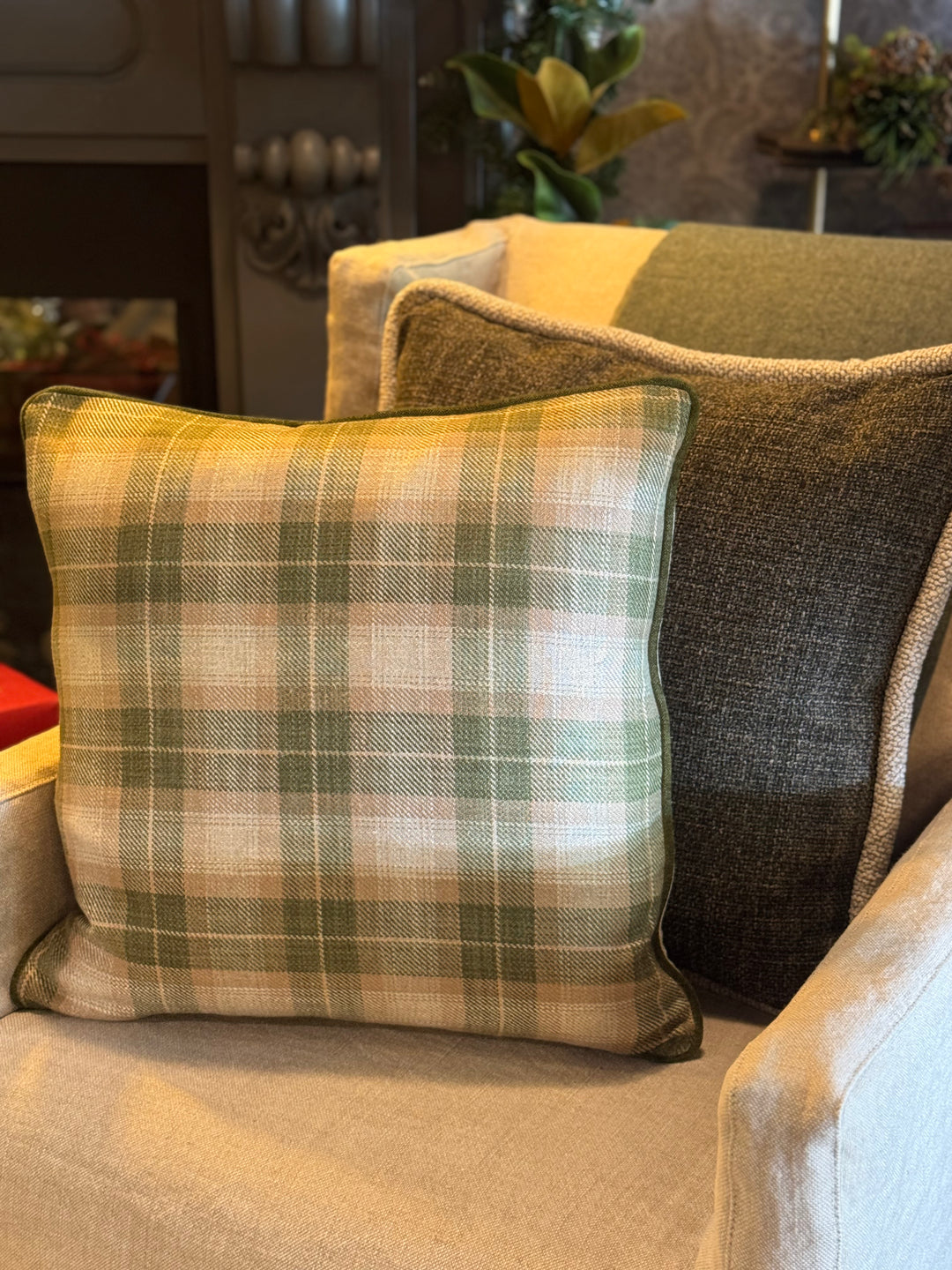 Ian Mankin Kintyre Check  Cushion Cover Backed in Warwick Haven linen | Piped | Sage | 50x50cm