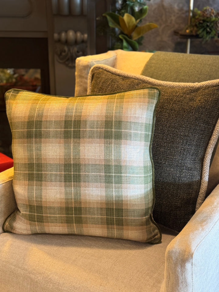 Ian Mankin Kintyre Check  Cushion Cover Backed in Warwick Haven linen | Piped | Sage | 50x50cm