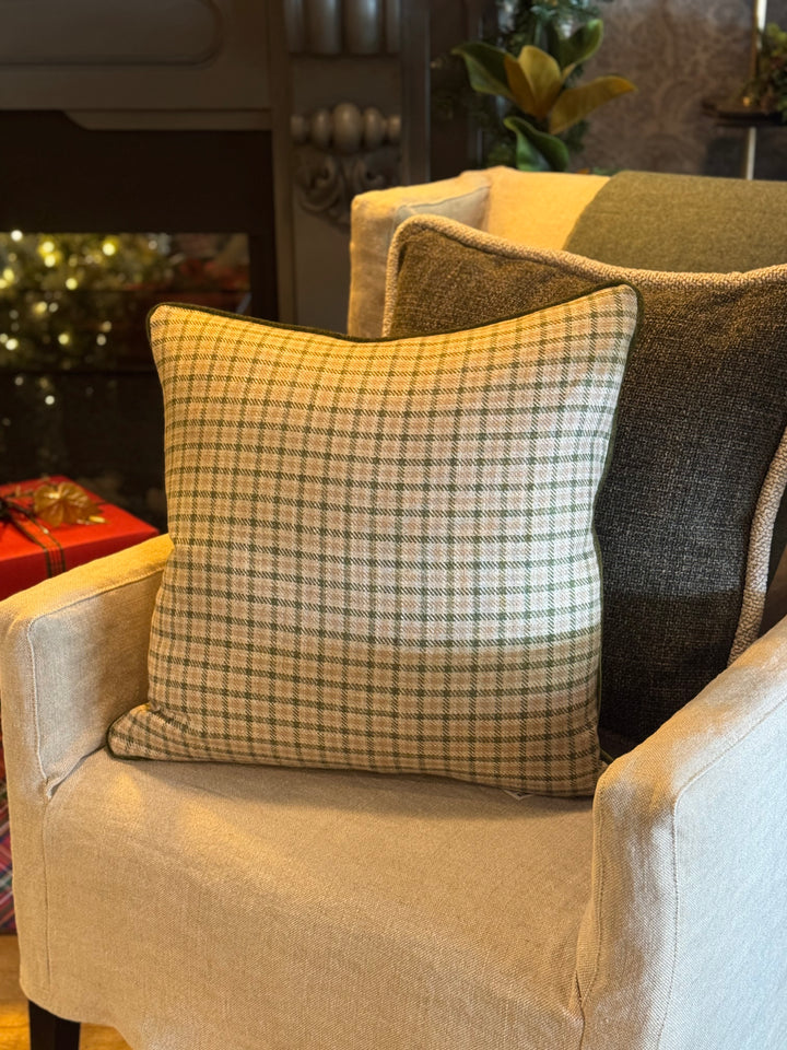 Ian Mankin Naim Check Cushion Cover Backed in Warwick Haven linen | Piped | Sage | 50x50cm