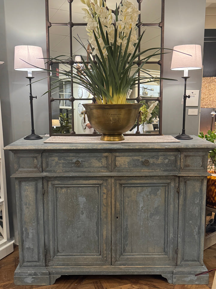 Antique Chestnut Credenza | Italy, Circa 1895 | Painted Chestnut Timber | Blue Patina |  63d x 124h x 163w