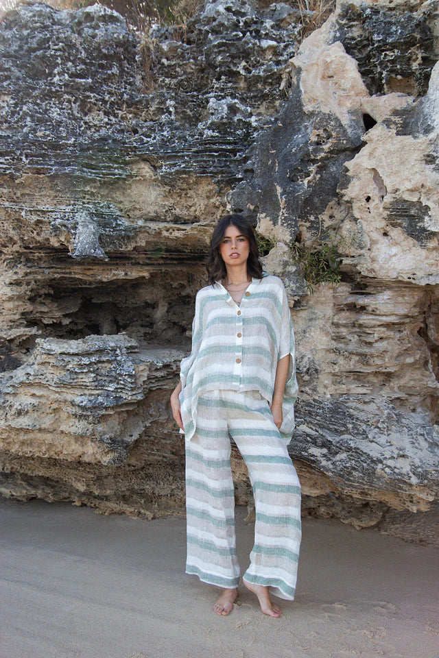 Scandi | Amalfi Linen Top | Sage Stripe