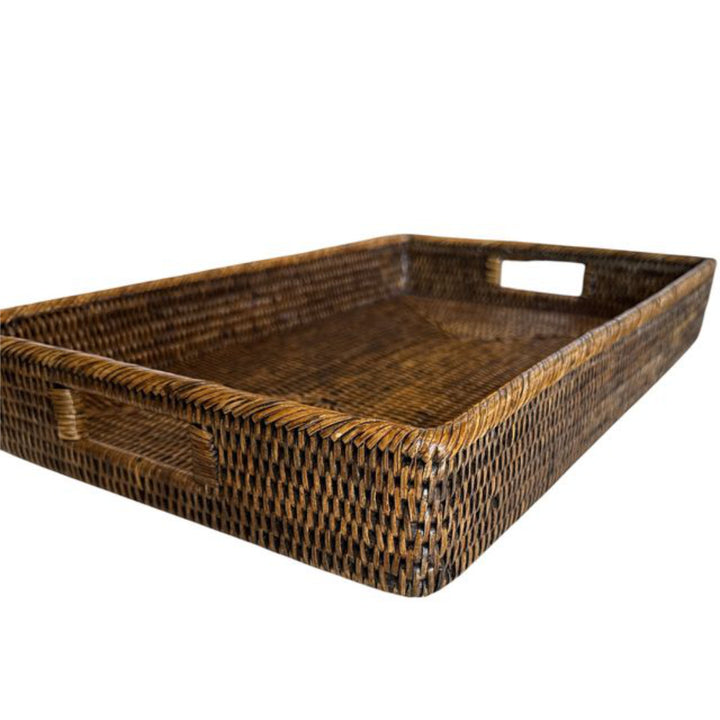 Rectangular Rattan Tray with Inset Handles | Antique Brown