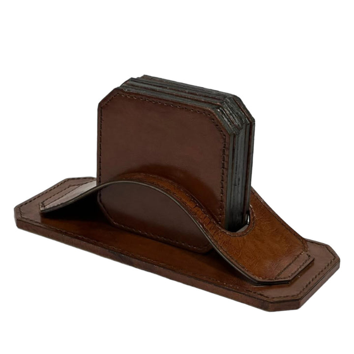 Leather Round Coaster Set Tan