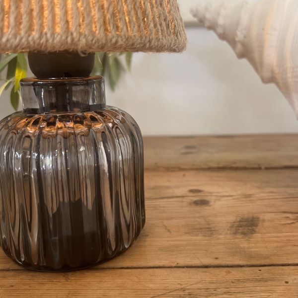 Ribbed Smoked Glass Lamp w Roped Shade | 23cmH *Requires Batteries 3x AAA (not included)