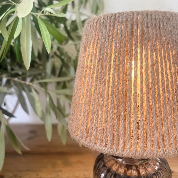Ribbed Smoked Glass Lamp w Roped Shade | 23cmH *Requires Batteries 3x AAA (not included)