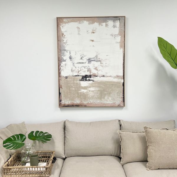 Alo Alo Abstract Wall Painting  Beige/White| Oak Framed | 90 x 120cm