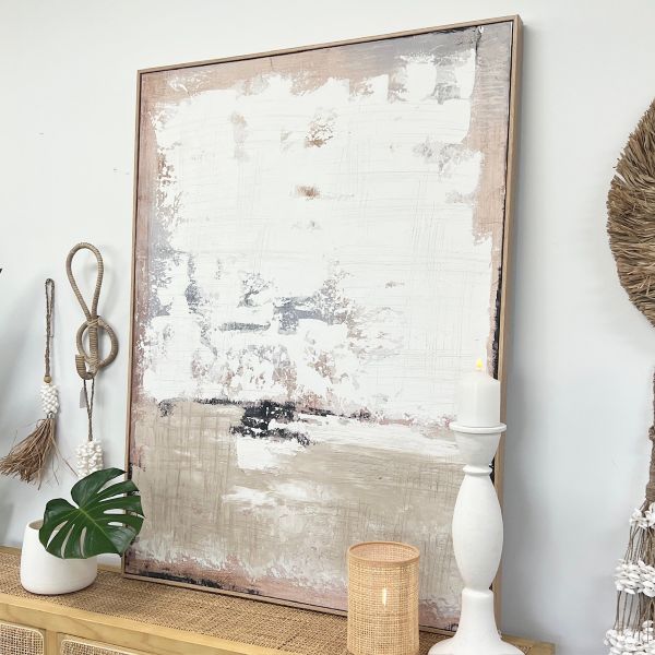 Alo Alo Abstract Wall Painting  Beige/White| Oak Framed | 90 x 120cm