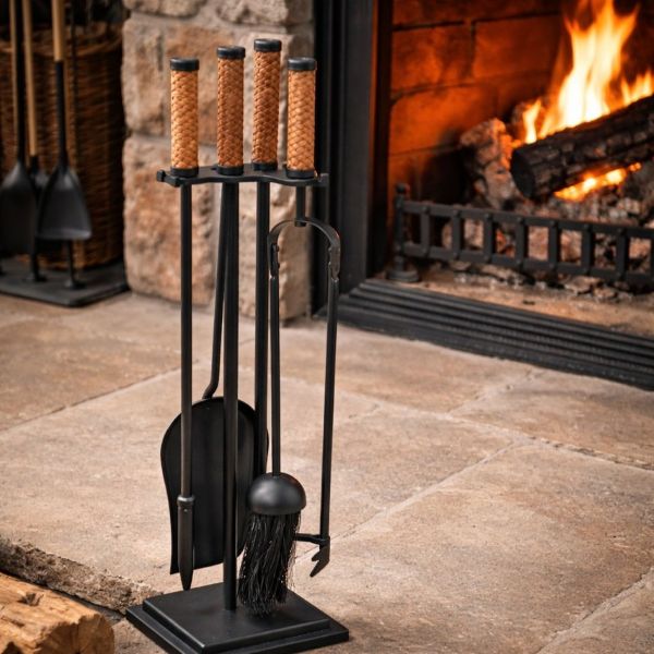 Rocca Fire Tools Set | 4 piece + Holder | Leather Handles