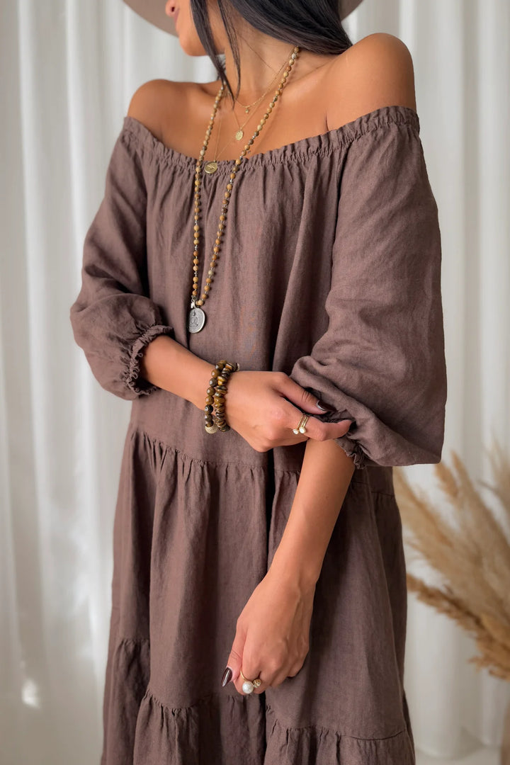 Bypias | Abby Long-Line Linen Dress | Coffee