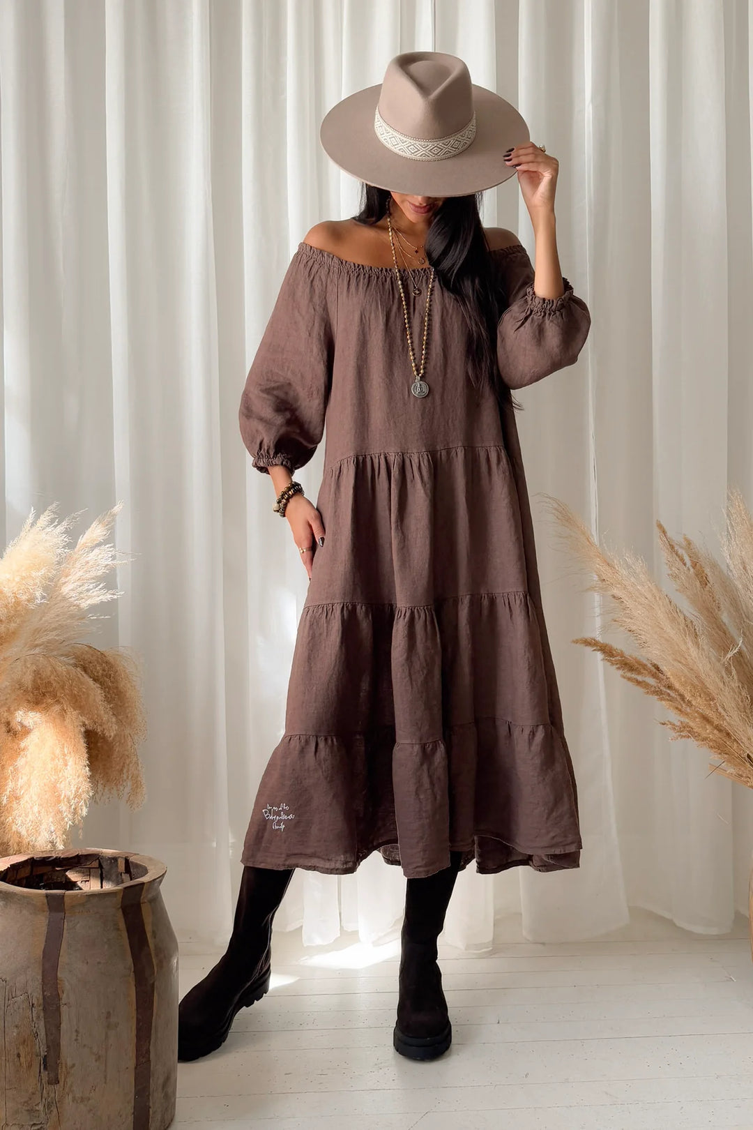 Bypias | Abby Long-Line Linen Dress | Coffee