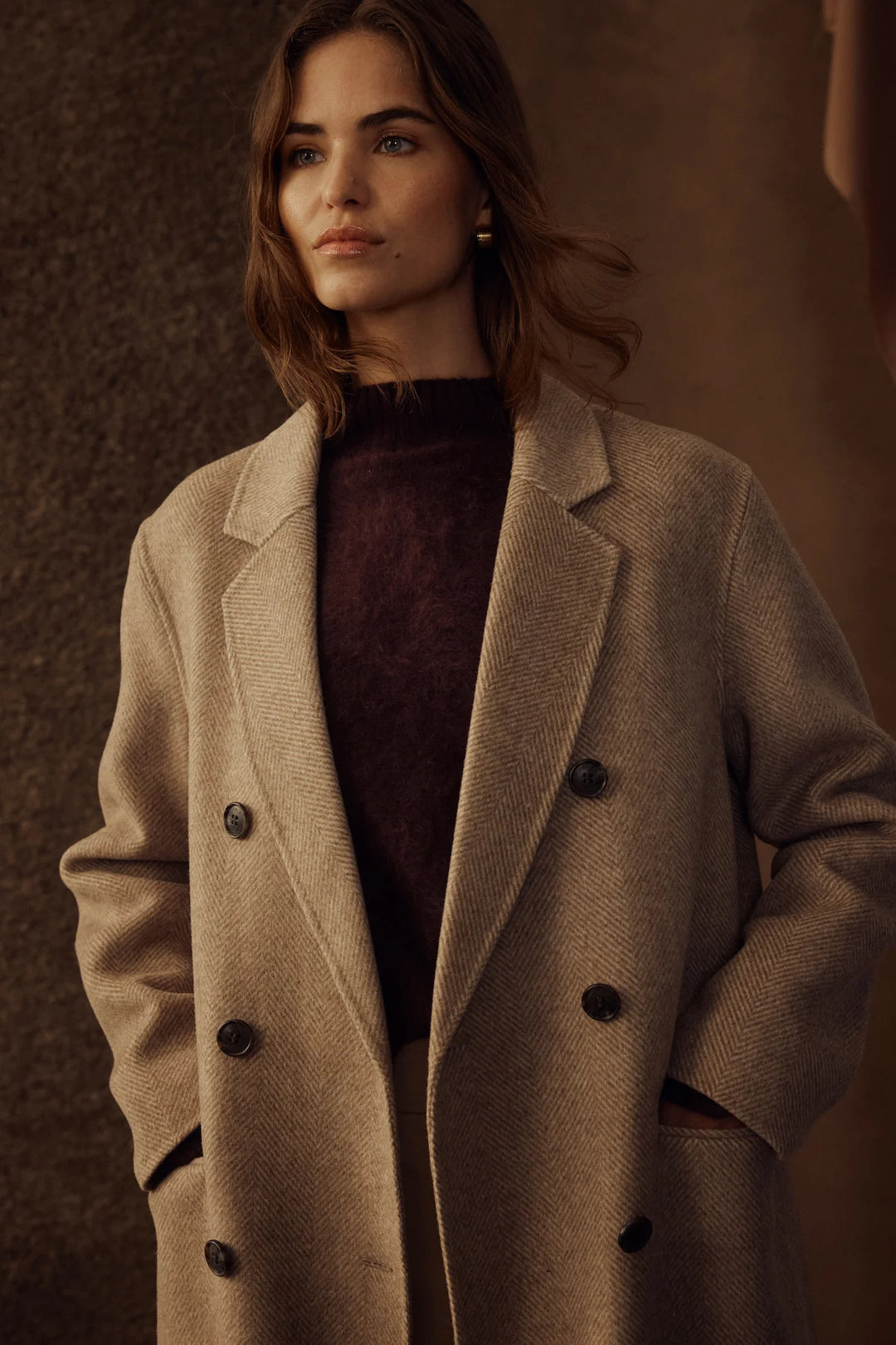 Cable | Ainsley Tailored Herringbone Coat | Fawn