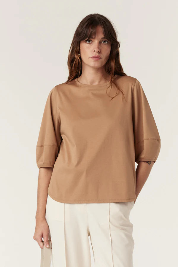 Cable | Pima Lantern Sleeve Top | Camel