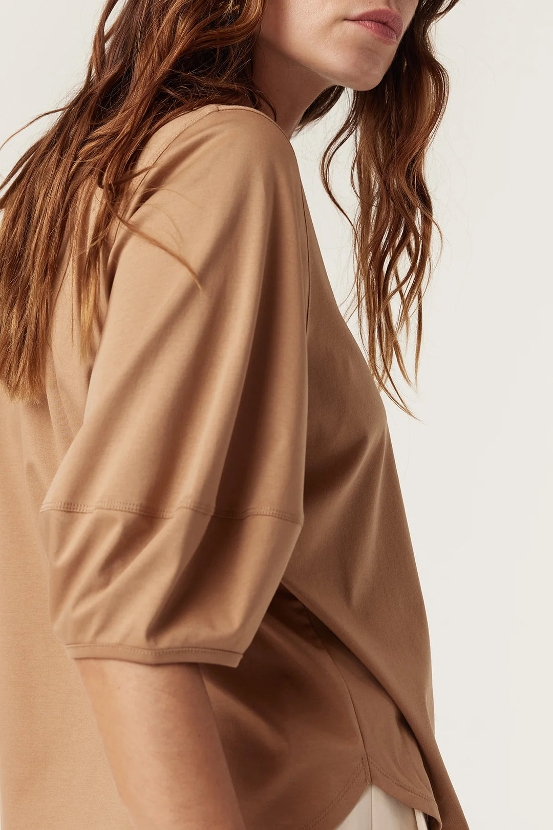 Cable | Pima Lantern Sleeve Top | Camel