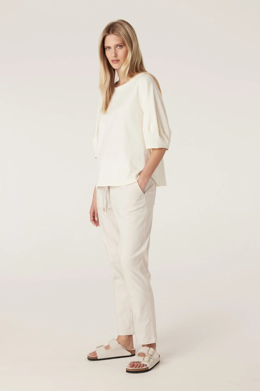 Cable | Pima Lantern Sleeve Top | Cream