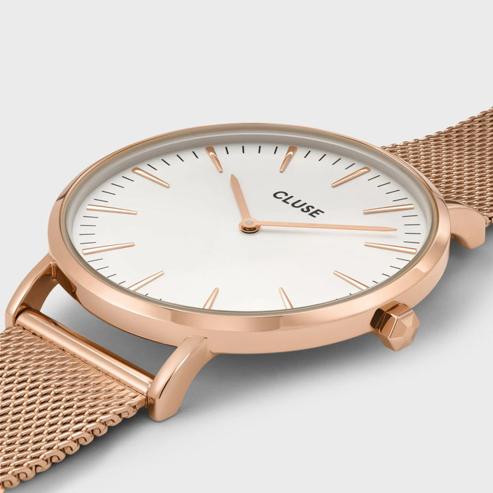 PROMO Cluse | Boho Chic Mesh Watch | Rose Gold/White w BONUS Rose Gold Leather Strap
