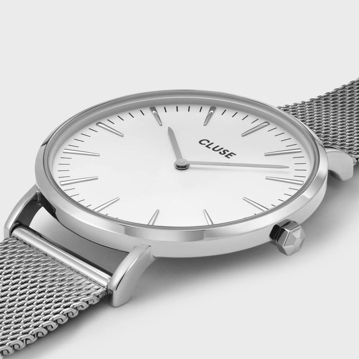 PROMO Cluse | Boho Chic Mesh Watch | Silver/White w BONUS Ivory Strap
