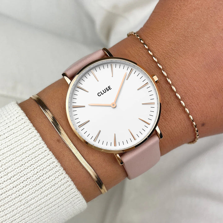 PROMO Cluse | Boho Chic Mesh Watch | Rose Gold/White w BONUS Rose Gold Leather Strap