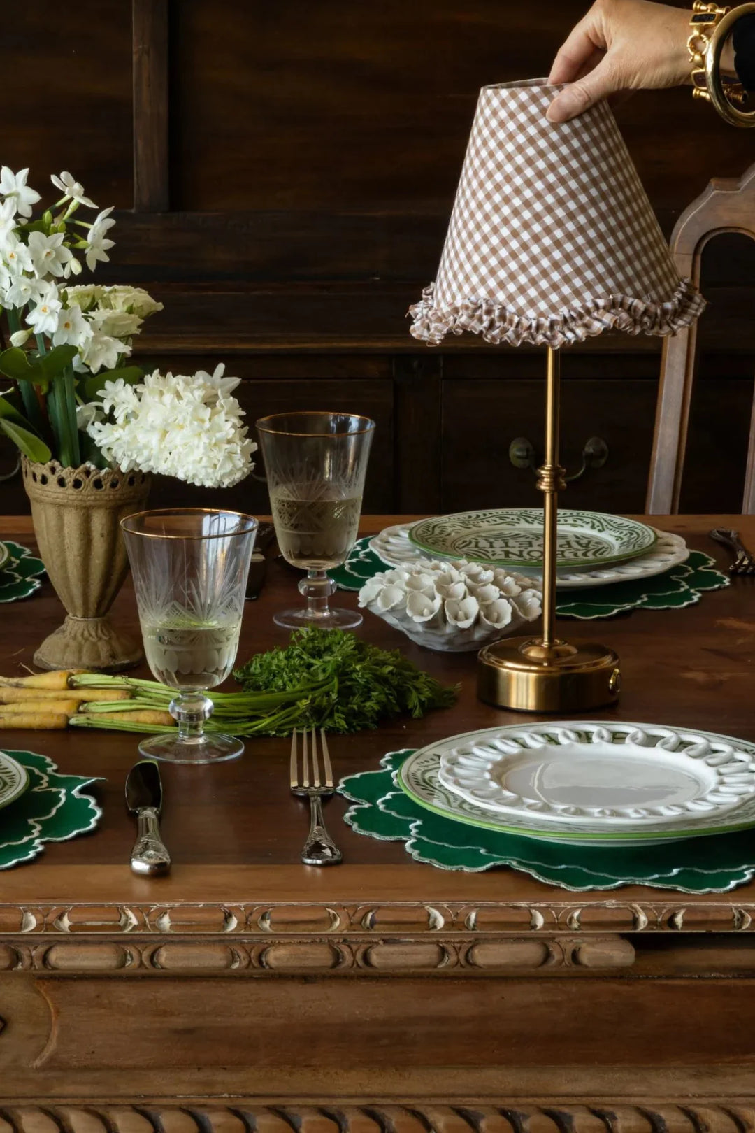 Chocolate Gingham Scalloped Ruffle Lamp Shade - For Rechargeable Lamp Base Only