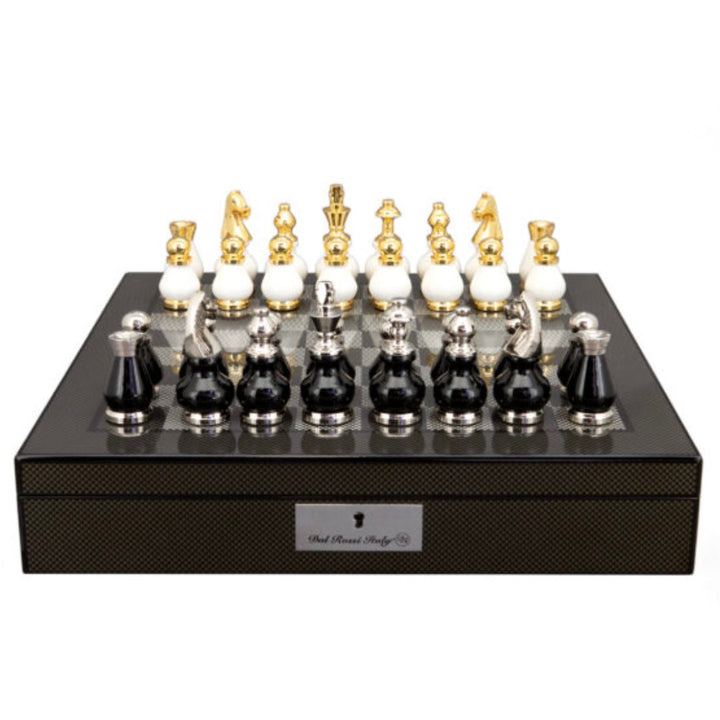 Dal Rossi Chess Set | 16" | Carbon Fibre w B&W Silver/Gold Top Pieces