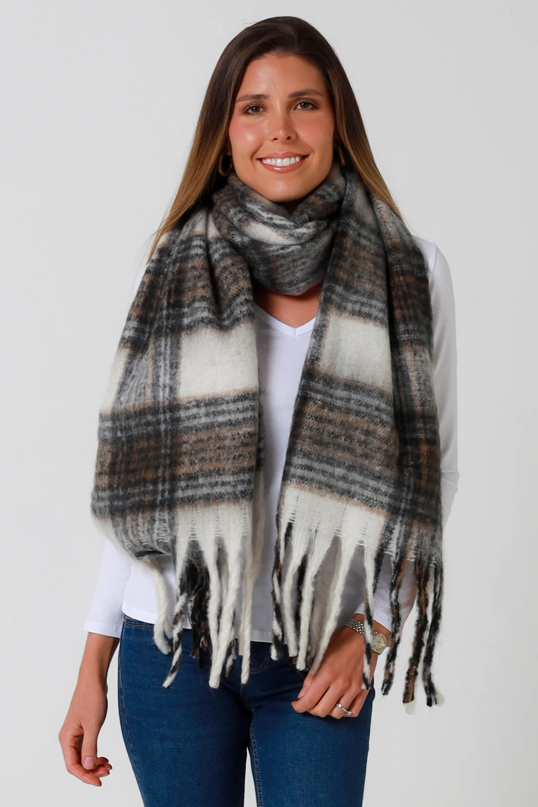 Brushed Check Fringe Scarf DN0147