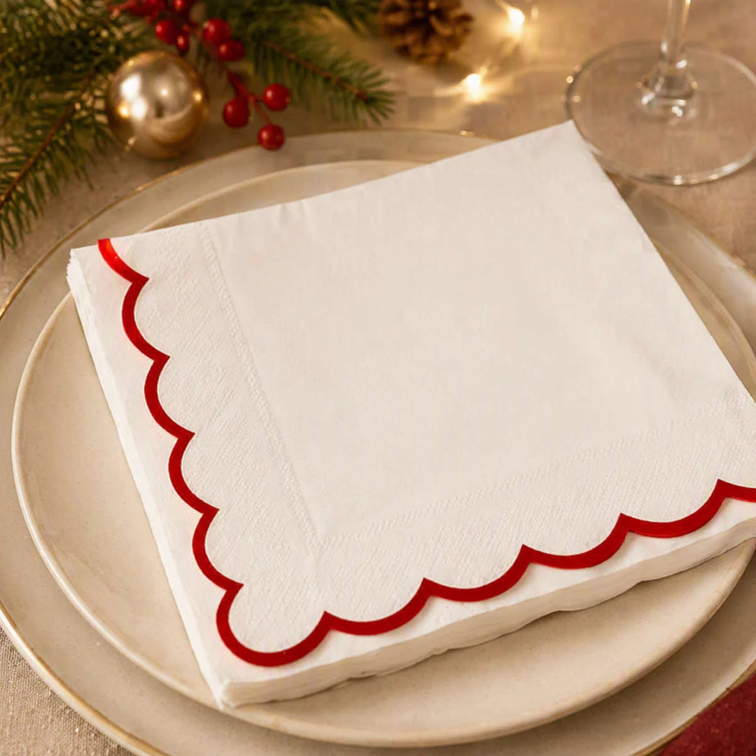 Scalloped Red White Paper Napkins | Pack of 20