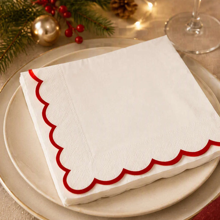Scalloped Red White Paper Napkins | Pack of 20