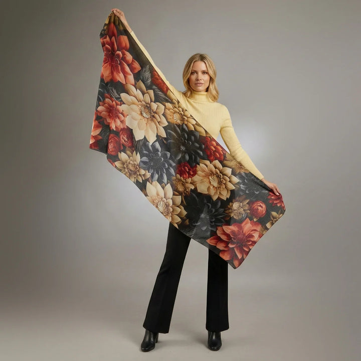 Fenna Floral Cashmere & Merino Wool Scarf – Lightweight Luxury Winter Wrap