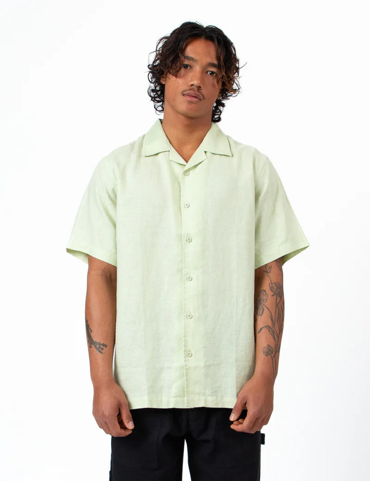 Simple | Cuban Linen Short Sleeve Shirt | Fog Green