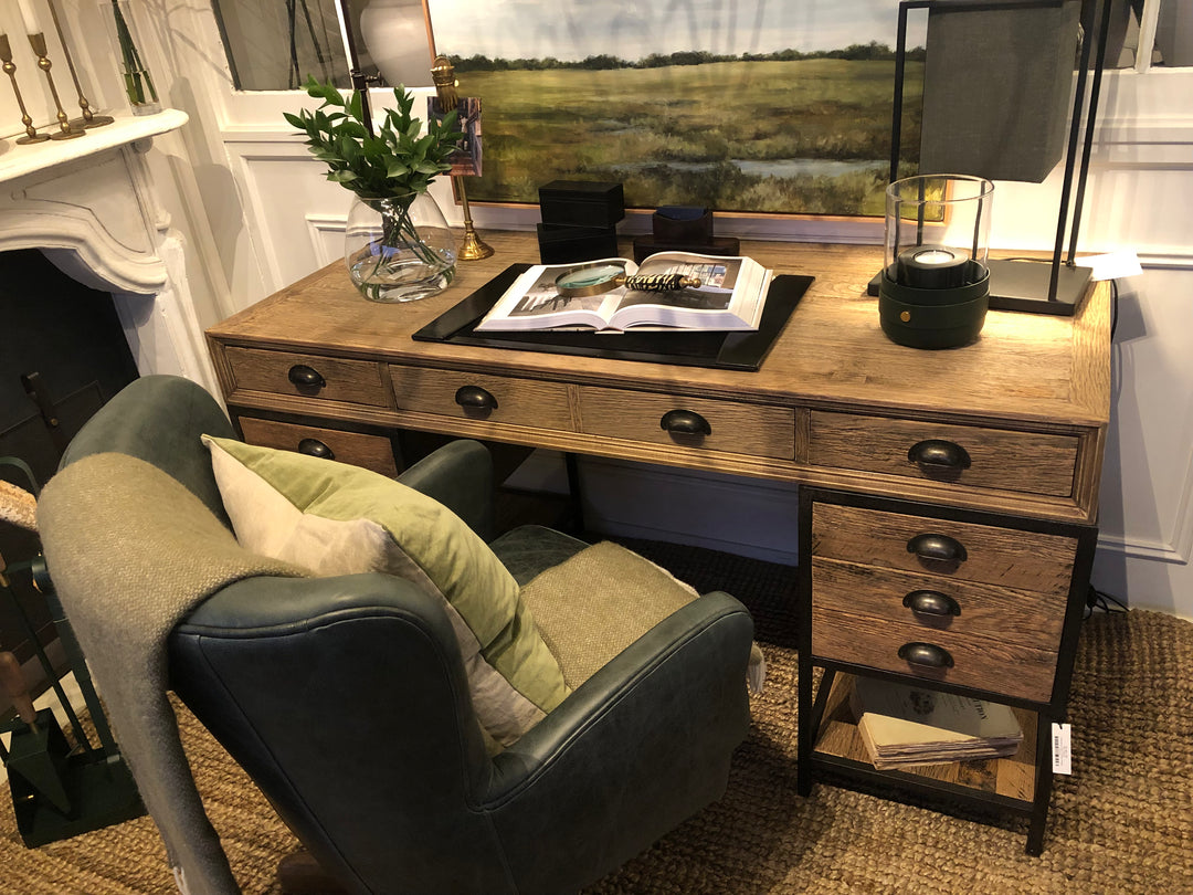 Industrial Style Twin Pedestal Desk  | Rustic Oak