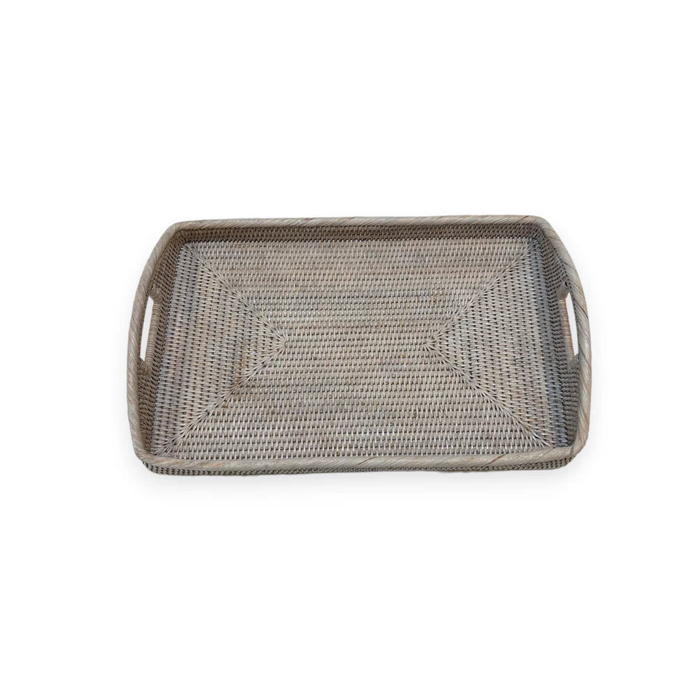 Rectangular Rattan Breakfast Tray with Rounded Handles | White Wash