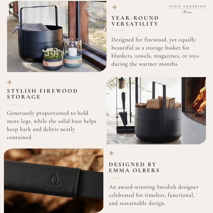 Eldvarm Emma Noir Log Basket | Leather &amp; Blackened Brass