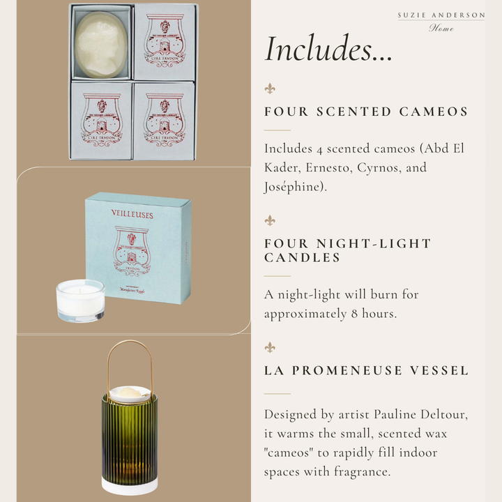Trudon La Promeneuse Coffret | H: 29cm x D: 10.5cm | Includes 4 scented cameos &amp; 4 night lights