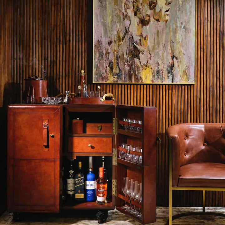 Luxury Leather Bar Cabinet  | Tan
