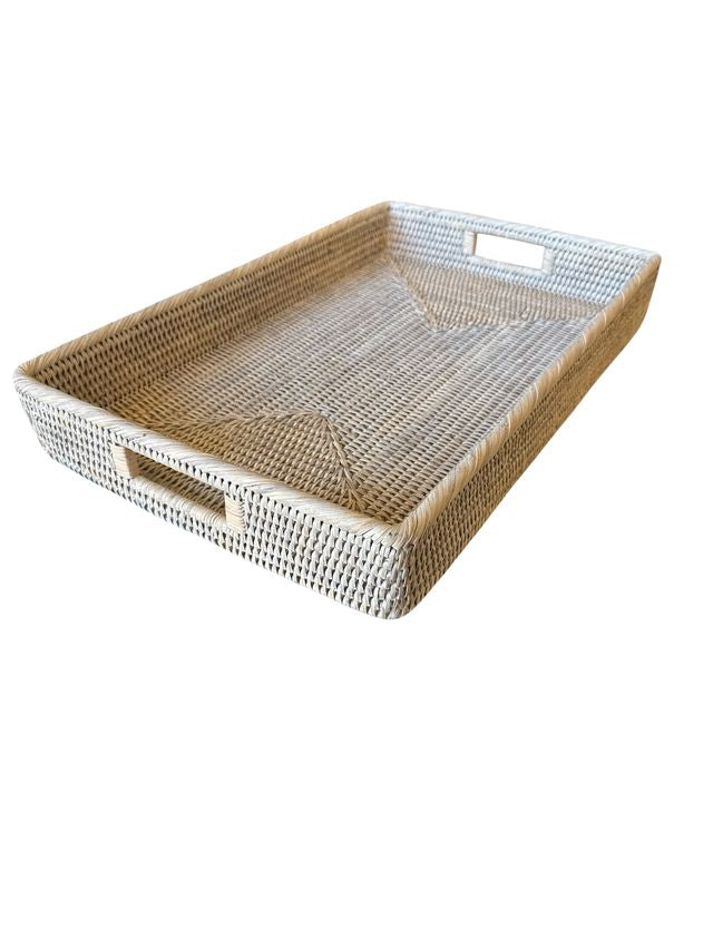 Rectangular Rattan Tray with Inset Handles | White Wash