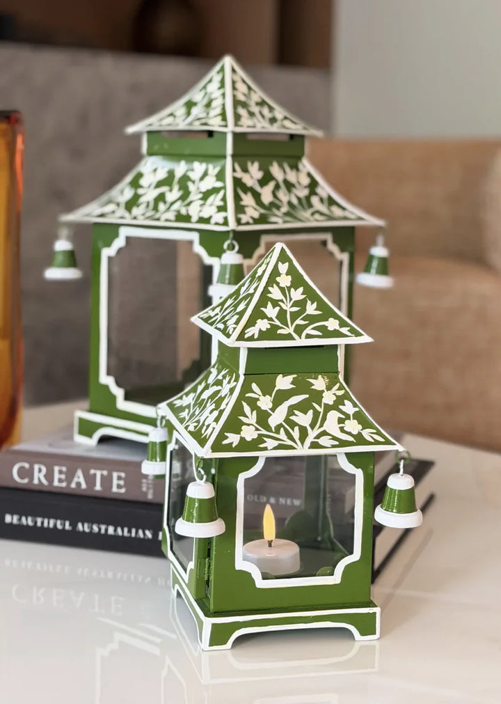 Green Pattern Large Pagoda Lantern | 32x19cm